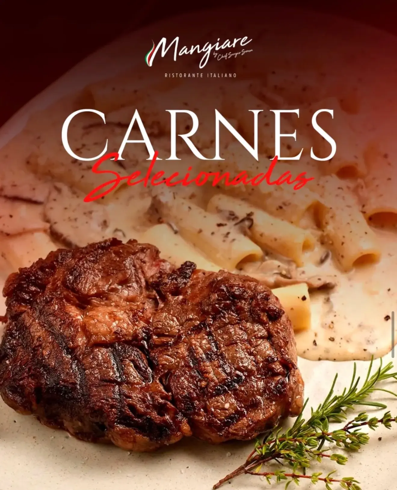 Bife grelhado acompanhado de massa ao molho branco, na chamada Carnes Selecionadas