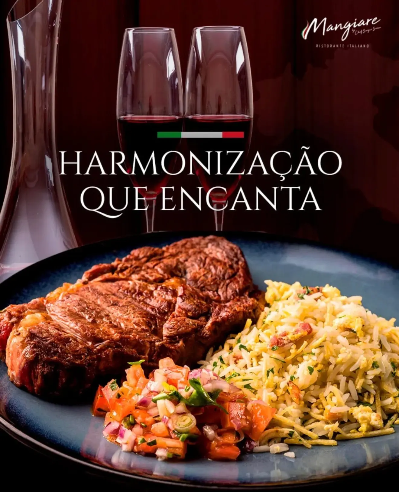 Carne ao molho com arroz e vinagrete, na chamada Harmonização que encanta