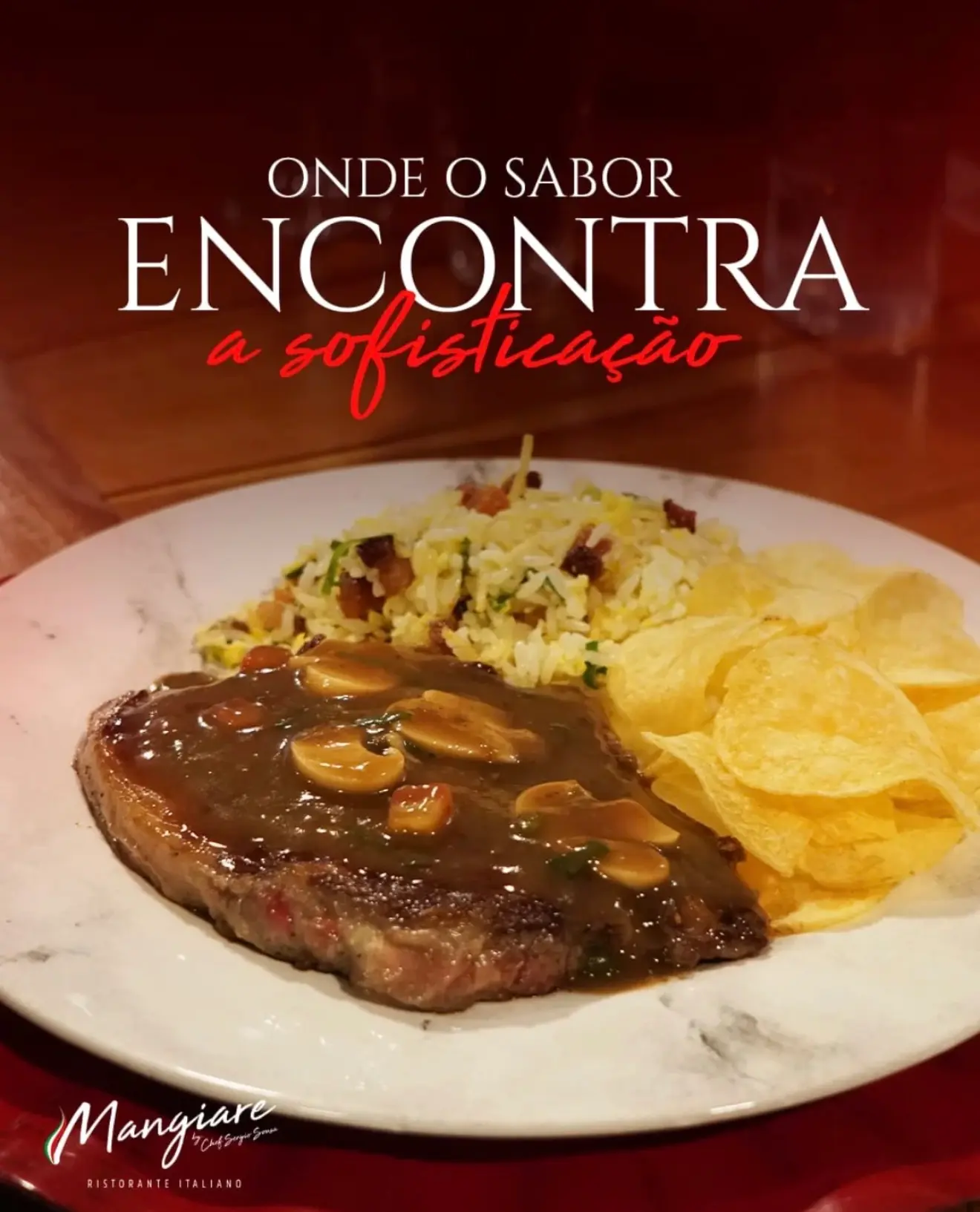 Bife ao molho com arroz e batatas, na chamada Onde o sabor encontra a sofisticação