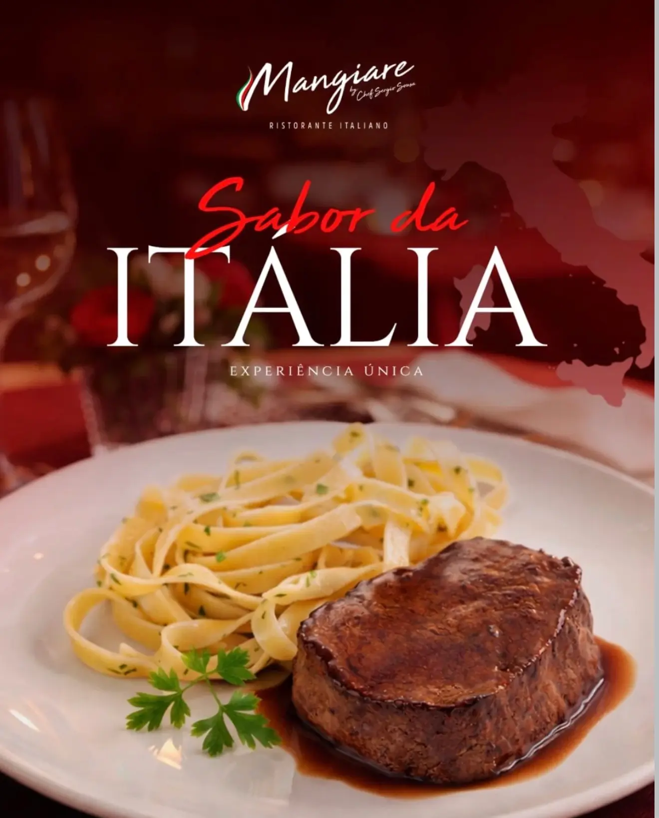Fettuccine com medalhão de filé, na chamada Sabor da Itália: experiência única