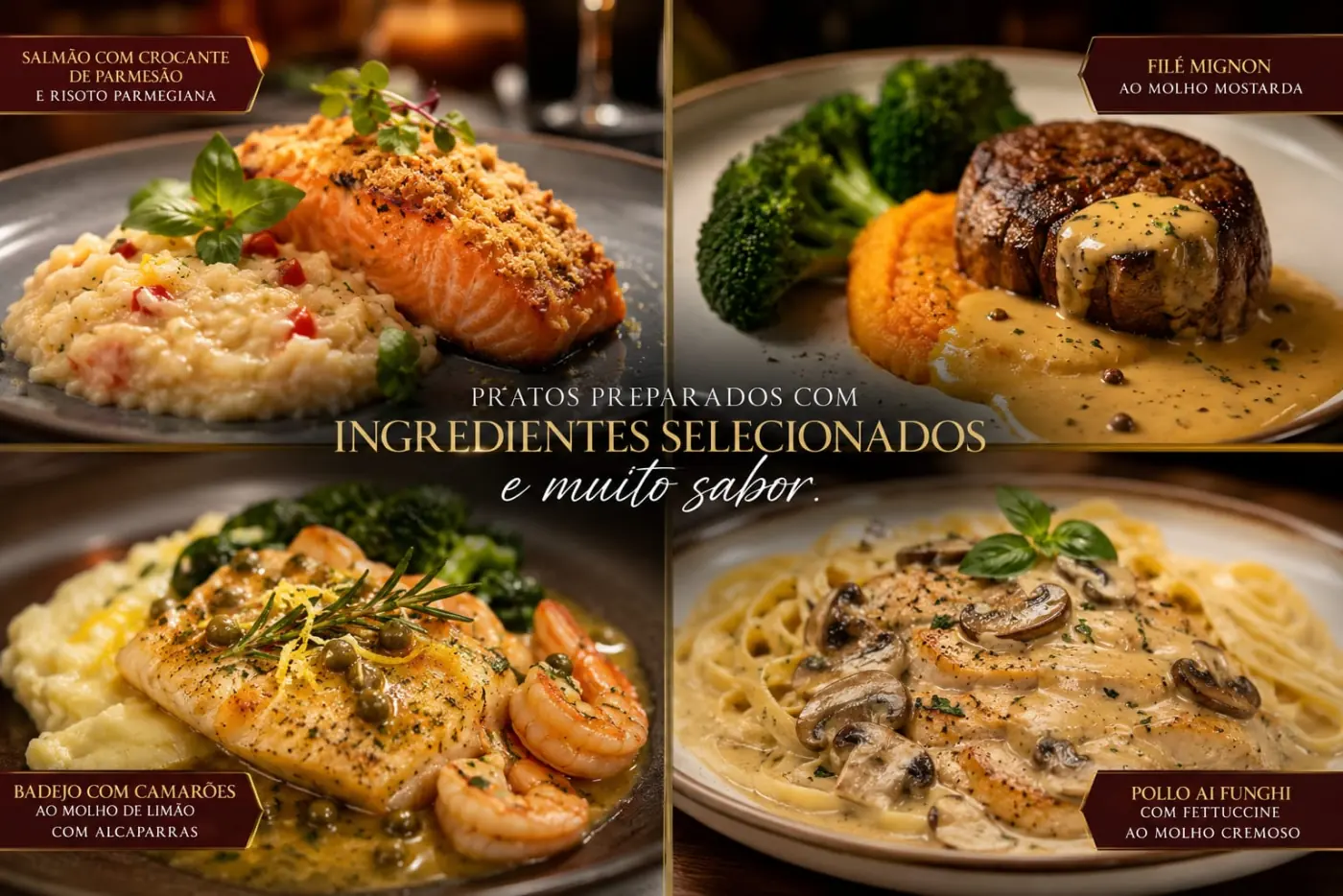 Mosaico com quatro pratos do Mangiare: salmão com crocante de parmesão e risoto parmegiana, filé mignon ao molho mostarda, badejo com camarões ao molho de limão com alcaparras e pollo ai funghi com fettuccine ao molho cremoso. Pratos preparados com ingredientes selecionados e muito sabor