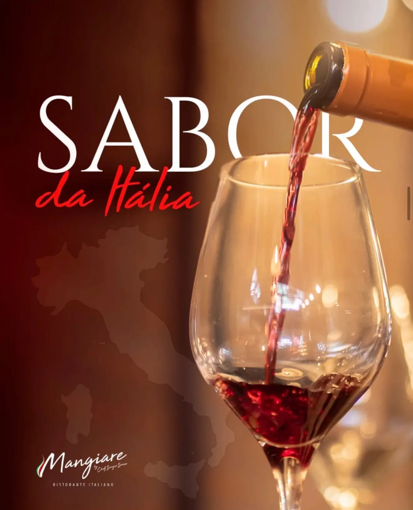 Vinho tinto sendo servido na taça, na chamada Sabor da Itália